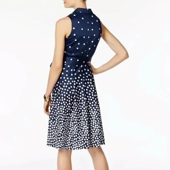 Anne Klein Navy Blue & White Polka Dot Midi Dress - Picture 3 of 17